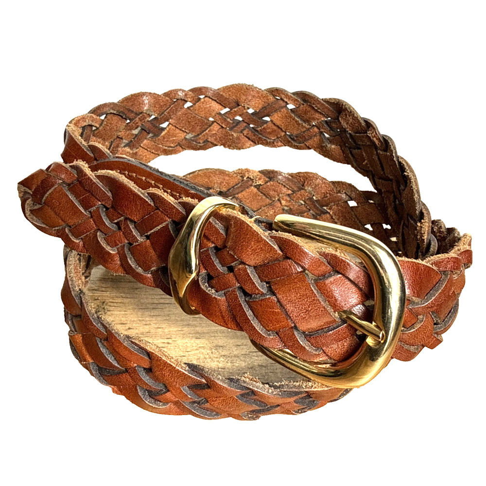 Women’s Brown Braided Leather Belt Fossil Size M Shiny Gold Toned Buckle EUC Y2K